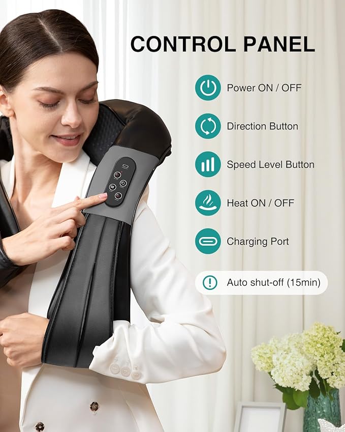 Nekteck Shiatsu Neck Massager with Heat for Pain Relief Deep Tissue, 2026 Upgraded 3D Back Shoulder Kneading Massage Pillow, Body Muscle Relaxation Tools Gifts for Him Her, Black (Cordless)