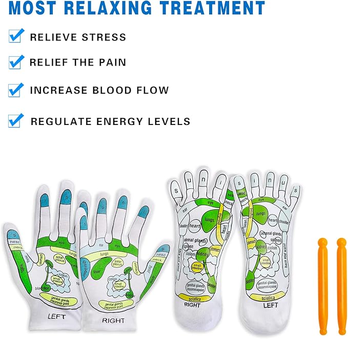 4PCS Reflexology Socks and Gloves Tool Set, Hand Spa and Foot Massage With Rod for Women and Men Tired Relieve
