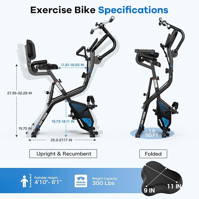 pooboo Folding Exercise Bike, Foldable Upright Stationary Bike, Indoor Cycling Magnetic X-Bike with 8-Level Adjustable Resistance, 6.6 LBS Flywheel, 300LB Capacity, Back Support Cushion for Home Gym
