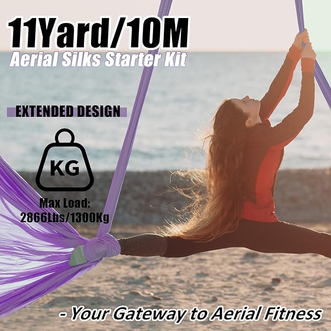 Aerial Silks Kit & Aerial Yoga Hammock - 11Yd Premium Fabric with Hardware - Easy Setup for Flying Yoga, Aerial Swing & Fitness - Supports Up to 14ft Rigging