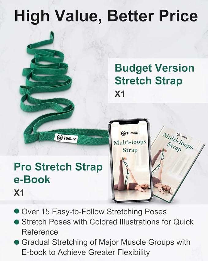 Tumaz Stretching Strap - 10 Loops & Non-Elastic Yoga Strap - Perfect Home Workout Stretch Strap for Physical Therapy, Yoga, Pilates, Flexibility
