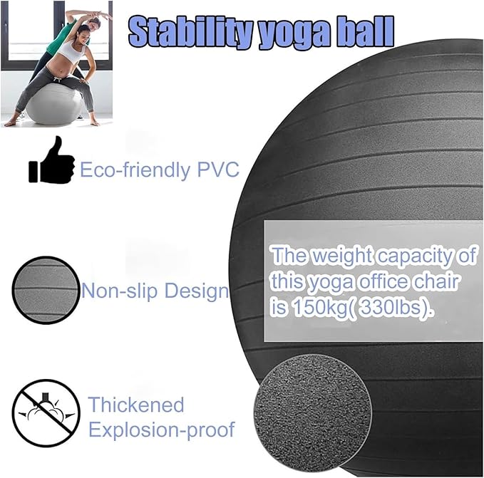 Yoga Ball Chair,Yoga Ball，Exercise Ball, Office Ball Chair with Base & Pump Stability Yoga Ball Seat for Back Pain Relief Home Gym Exercise Ball Chair for Core Strength Training(Light Gray,Diameter 55