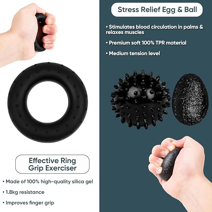 5-Piece Hand Grip Strengthener Exercise Kit - Adjustable Resistance (5-100kg) With Digital Display Forearm Grip + Finger Stretcher + Pressure Relief Ball Suitable for Athletes / Musicians Hand Training and Injury Recovery Tool
