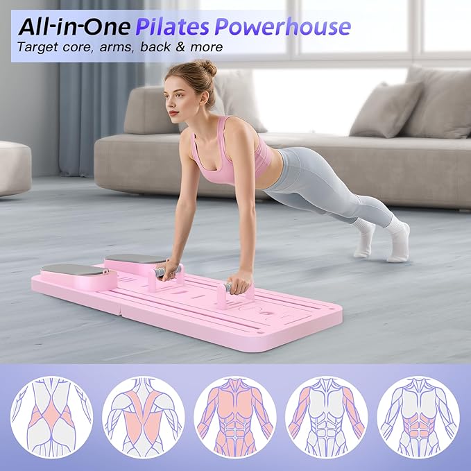 5 in 1 Pilates Board, Foldable Pilates Reformer Set with Resistance Bands, Portable Pilates Sliding Board, Trainer Machine for Home Workout, Ab, Core, Fitness, Exercise