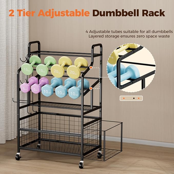 HavenlyYouth Dumbbell Rack, Home Gym Weight Rack Storage, Adjustable Dumbbell Stand Organizer with Wheels, Holds Dumbbells, Kettlebells, Yoga Mats