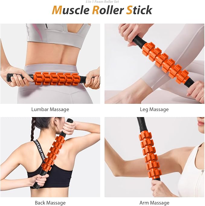 5-in-1 Foam Roller Set for Deep Tissue Muscle Massage, Trigger Point Fitness Tool with Muscle Stick Roller, Massage Ball, Stretching Strap for Whole Body (Orange-New)