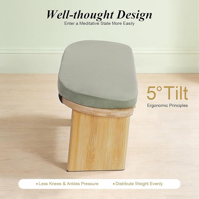 Meditation Bench, Foldable Ergonomic Meditation Stool Foldable Bamboo Kneeling Meditation Wooden Bench Yoga Stool Floor Sitting Prayer Bench for Yoga or Sitting (Green)