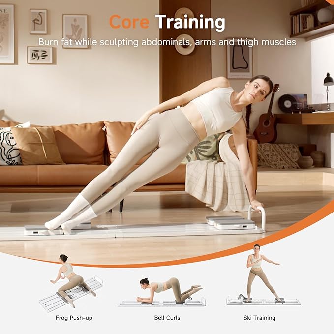 Pilates Crawling Machine,Portable Foldable Reformer Board, All-in-One Pilates Equipment for Home Workout,Core Strength&Full Body Exercise Kit with Exclusive APP for Small Space Max 265lbs,White