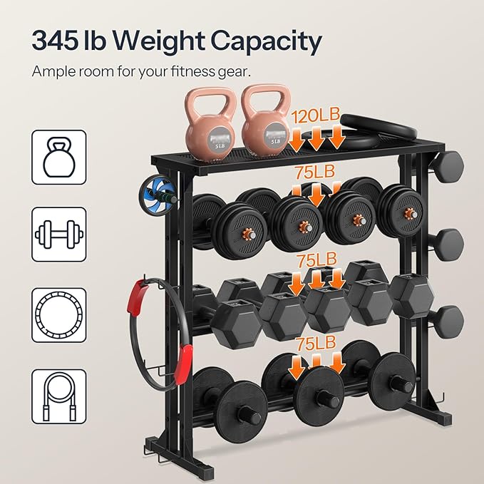 HOOBRO 4-Tier Dumbbell Rack, Weight Rack Heavy-Duty Weight Stand with Non-Slip Floor Protection & Side Hooks, Multi-Tier Storage Organizer for Home and Professional Gym Use, Black BK87CJ01N1