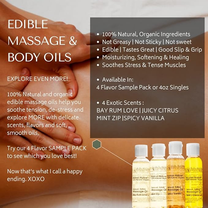 RD Alchemy - 100% Natural & Organic Edible Massage Oil Sample Pack - 4 Flavors: Bay Rum Love | Juicy Citrus | Spicy Vanilla | Mint Zip. Silky Smooth for Sensual Massage, Bath, Date Night & More!