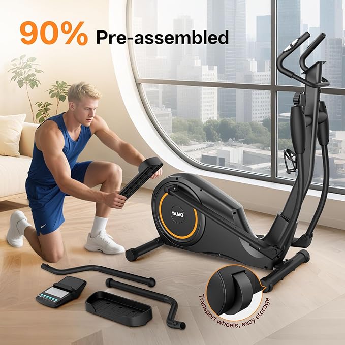 YAMO Folding Elliptical Machine, Elliptical Exercise Machine for Home with Hyper-Quiet Magnetic Driving System, Elliptical Trainer with 17.2IN Stride LCD Monitor Support, 300LBS Weight Capacity