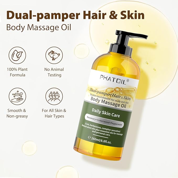 PHATOIL Rosemary Body Oil, Dual-Pamper (Hair & Skin) Massage Oil 260 ml (8.8 fl.oz), Blends of Natural Plant Oils and Essential Oils, Body Oils for Women and Men, Rosemary Oil for Hair