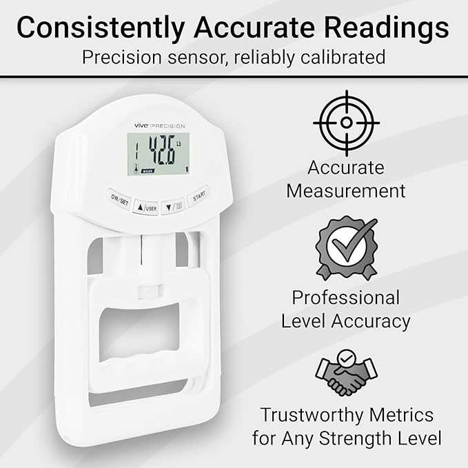 Vive Precision Grip Strength Tester - Hand Grip Dynamometer - Handheld Digital Grip Measurement Meter Device Trainer Power 198 Lbs / 90 Kgs - Strengthener Exerciser for Sports, School and Home Use