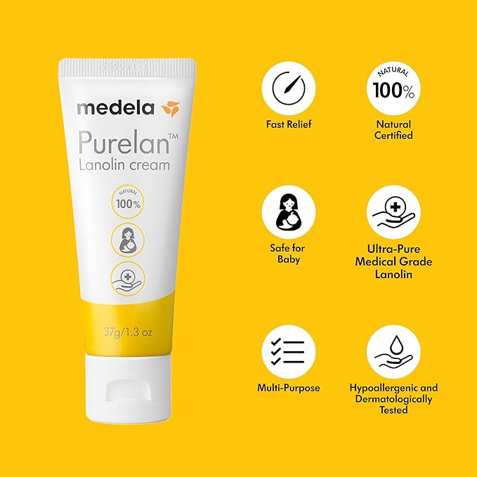 Medela Purelan Lanolin Nipple Cream, Fast Relief for Sore Nipples & Dry Skin During Breastfeeding, Safe for Breastfeeding Baby, Natural, Hypoallergenic, Fragrance-Free, 37g