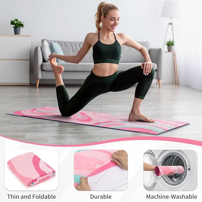 Yoga Mat Towel Cover with Large Corner Pockets, Non Slip Grip Microfiber Mat Cover Mat for Hot Yoga, Pilates and Gym Workout, 70" L x 26" W, Pink