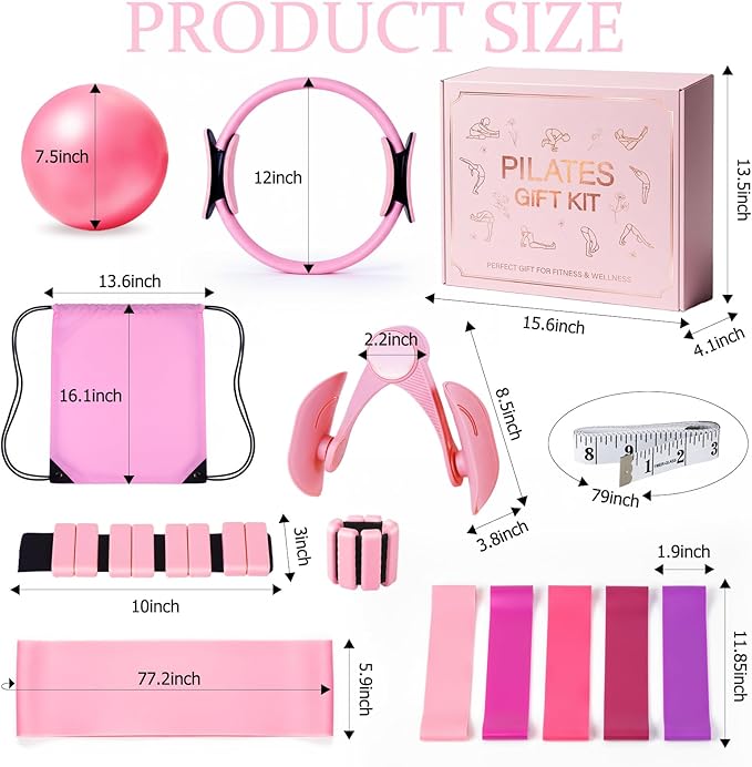 Pilates Kit for Women – All-in-One Home Workout Kit with Magic Circle, Resistance Bands, Mini Pilates Ball, Ankle/Wrist Weights, Carry Bag – Beginner Pilates Gift Set for Valentine's /Mother's Day