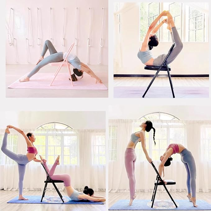 Foldable Yoga Auxiliary Chair for Adults Yoga Chair with Lumbar Support Metal Steel Frame 330 lbs Capacity YogaAuxiliaryChair for Balance Handstand Training Back Pain Relieving(Purple)
