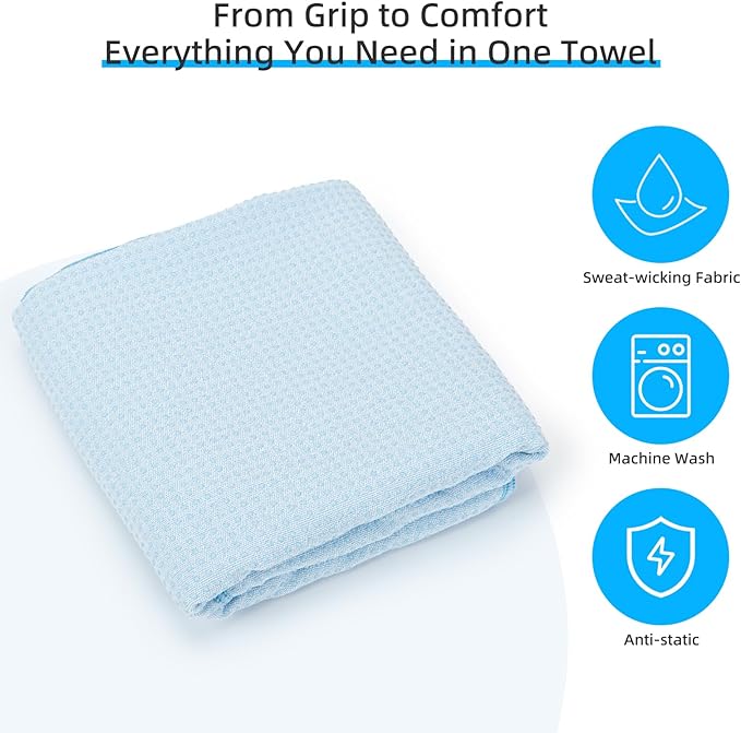 YESLIFE Non-Slip Extra Thick Hot Yoga Towel with One Sweat Towel, Microfiber Sweat Absorbent Yoga Mat Towel with Grip Dot, Pilates Mat, 72" x 24", Light Blue
