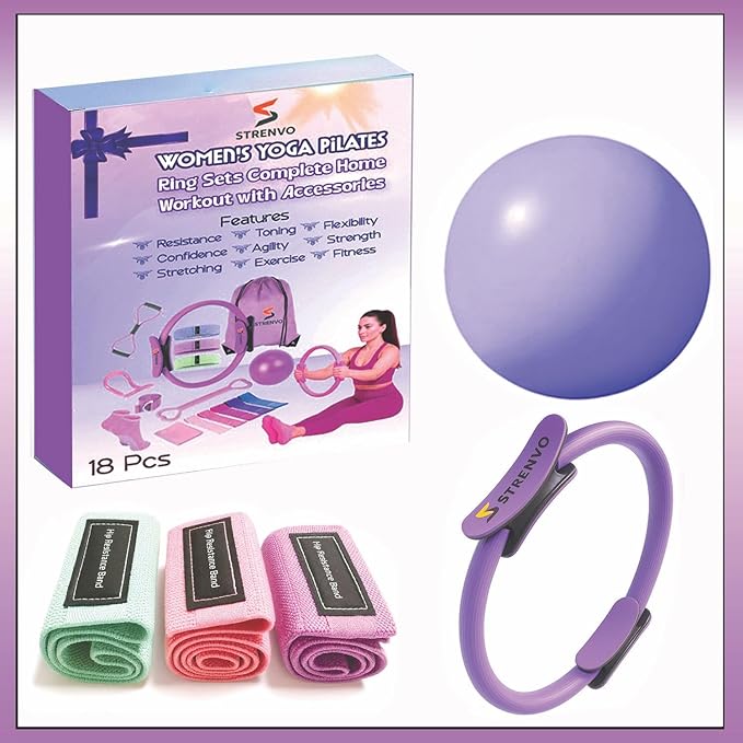 Yoga Pilates Ring Set for Home Workouts – 18 Pcs Fitness Kit for Women – Resistance & Toning Accessories with Circle Ring, Ideal for Full Body Toning & Flexibility