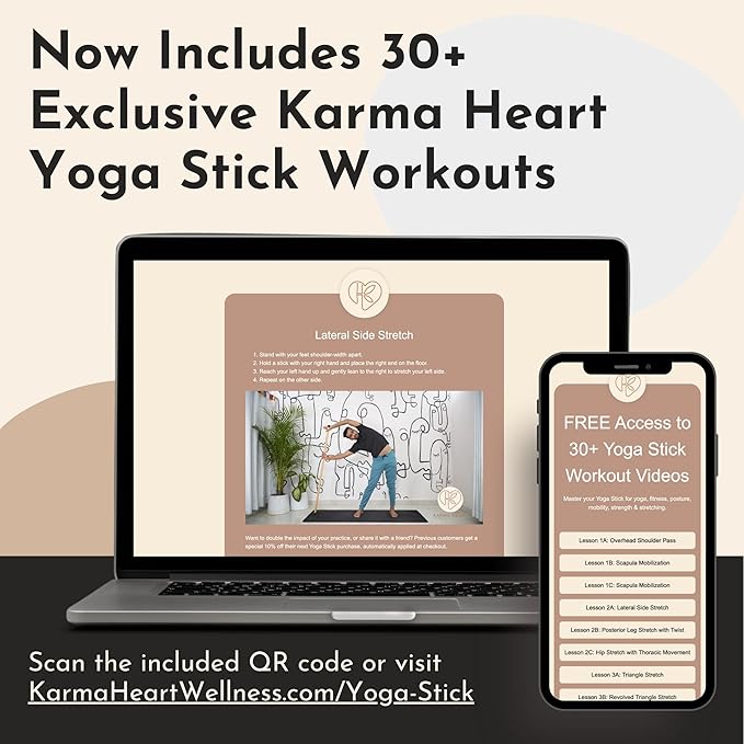 Natural Bamboo Yoga Stick (5ft): Stretching Stick with White Sturdy Rubber Ends - Versatile Exercise Stick for Yoga, Stretching & Posture with Unlimited Access to Video Exercises
