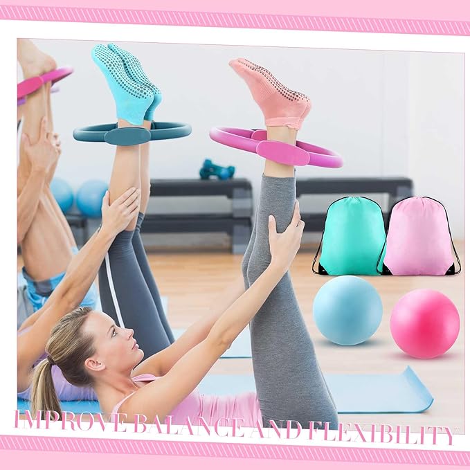 Poen Pilates Equipment Kit for Home Workout Pilates Ring and Ball Set for Women 12'' Circle Yoga Fitness Essentials Kit with Resistance Bands, Yoga Strap, Socks,Bag