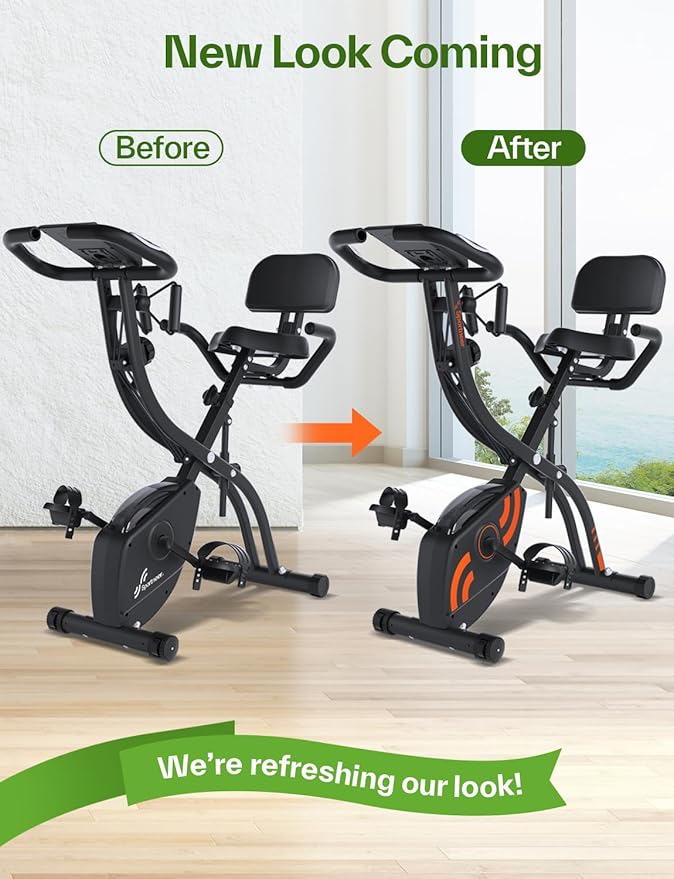 Sportneer Foldable Exercise Bike Stationary Bike, 4 in 1 Indoor Cycling Bike with 16 Level Magnetic Resistance Training Bike with Arm Resistance Band PVC Floor Mat Fitness Bike for Home Gym Workout