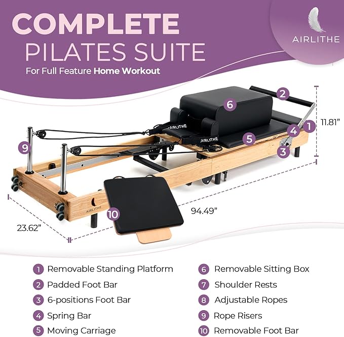Airlithe Foldable Pilates Reformer Machine|Wooden Frame Reformer Machine with Strings, Versatile Accessories & 50+ Expert-Guided Workouts|Equipment for Strength Training, Rehabilitation, & Flexibility