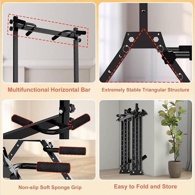 Foldable Power Tower Dip Station Pull Up Bar, Multifunction Triangular Structure Pull Up Station Home Gym Strength Training Workout Equipment