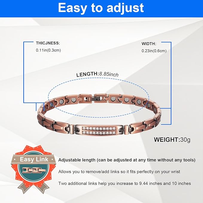 Copper Ankle Bracelet for Women, 8.85in Adjustable Length with Crystal Magnetic Anklet, Healthy Jewelry Gift (0143)