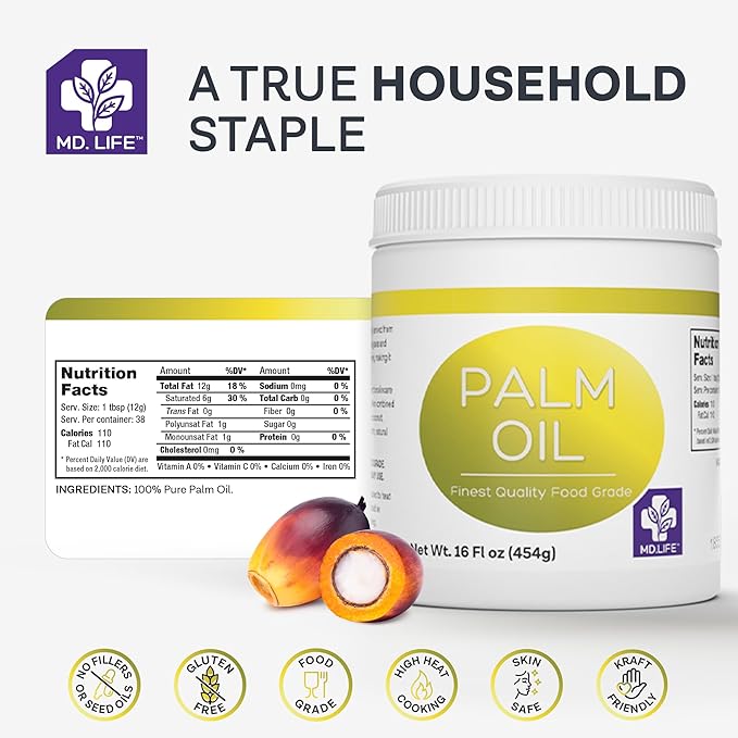 MD.LIFE PALM OIL - 32oz - Sustainable Food Grade Palm Oil for Cooking - Great for Soap Making Supplies, Cooking Oil, Creams and Lotions