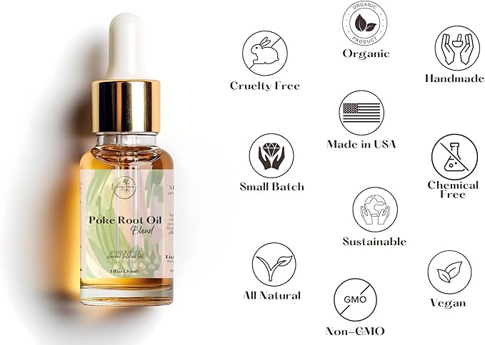 Organic Poke Root Oil with Castor Oil for Lymphatic Support - Cysts, Boils, Fibroids, Swollen Lymph Nodes, Breast & Joint - Handmade in The USA