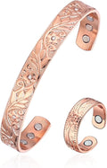 BioMag Copper Bracelet & Ring for Women, 99.99% Pure Copper Magnetic Bracelet Lymphatic Drainage Rings with 3500 Gauss Magnets, Adjustable & Flower Pattern (Rose Gold B)