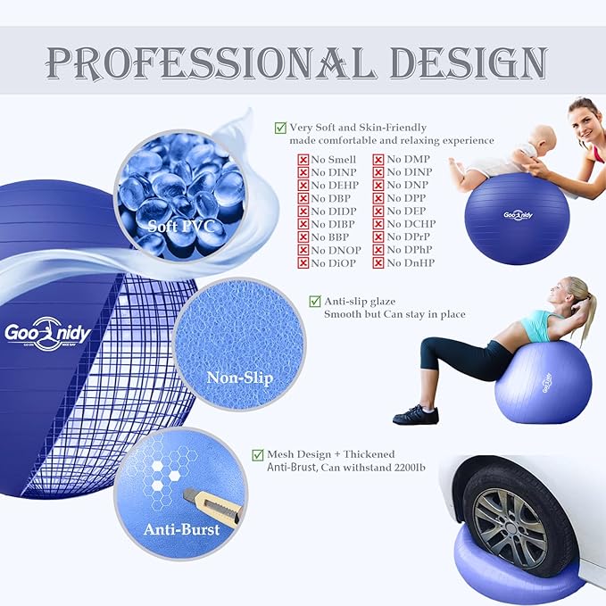 Soft Exercise Ball, Anti-Burst Pilates Yoga Ball Chair Supports 2200lb, Workout Equipment w/ Pump for Women Pregnancy, Medicine, Birthing, Physical Therapy, Stability, Excersing, Birth, Swiss, Fitness