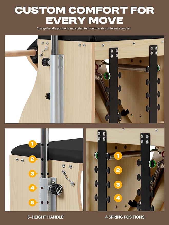 Pilates Combo Chair for Home Workouts, Wunda Chair with 5-Level Handles, Split Pedals, Resistance Bands, for Studio, Gym, Pilates Workout, Rehabilitation Exercises, Easy Assembly