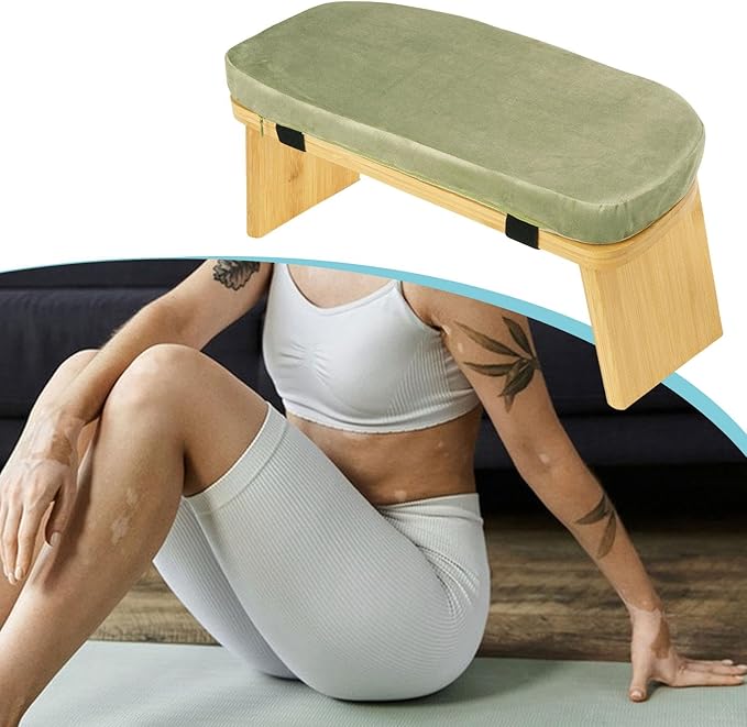 Meditation Bench Kneeling Stool Ergonomic Wood with Soft Cushion, Foldable Portable Prayer Bench, Meditation Stool 16.93x7.48x7.09inch- Green