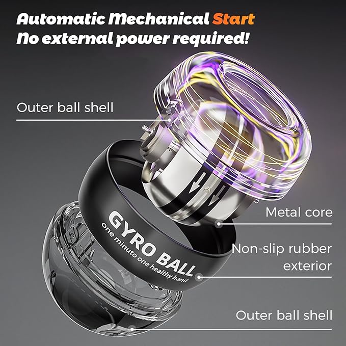 Gyroball Wrist Exerciser Ball, 5 Level Resistance/Light Control, Gyroscopic Forearm Trainer, Strengthening Arms, Fingers, Wrist (Transparent Case)