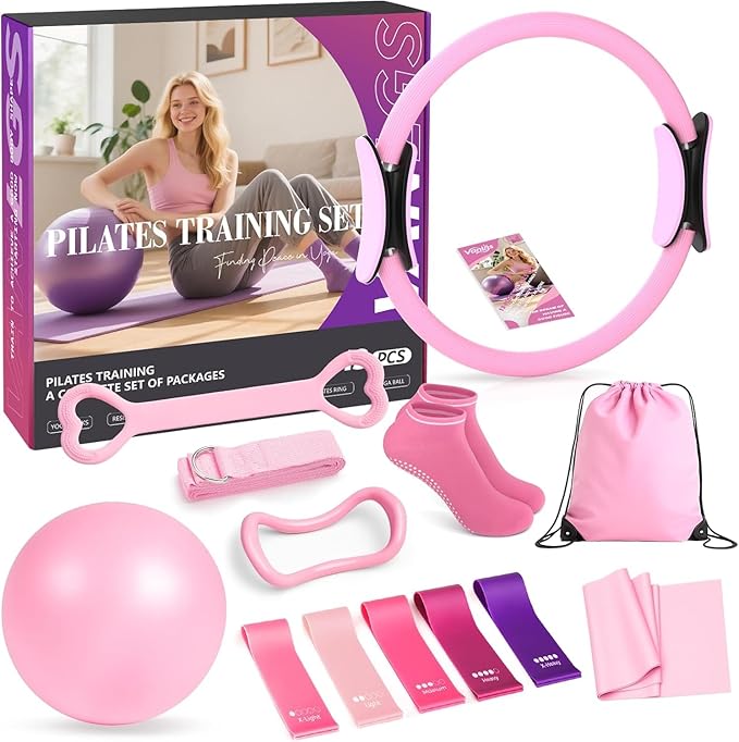 Pilates Kit 13Pcs Home Pilates Essentials Workout Kit with 13" Ring, 10" Ball and Resistance Bands for Women at Home Pilates Equipment Set for Beginners