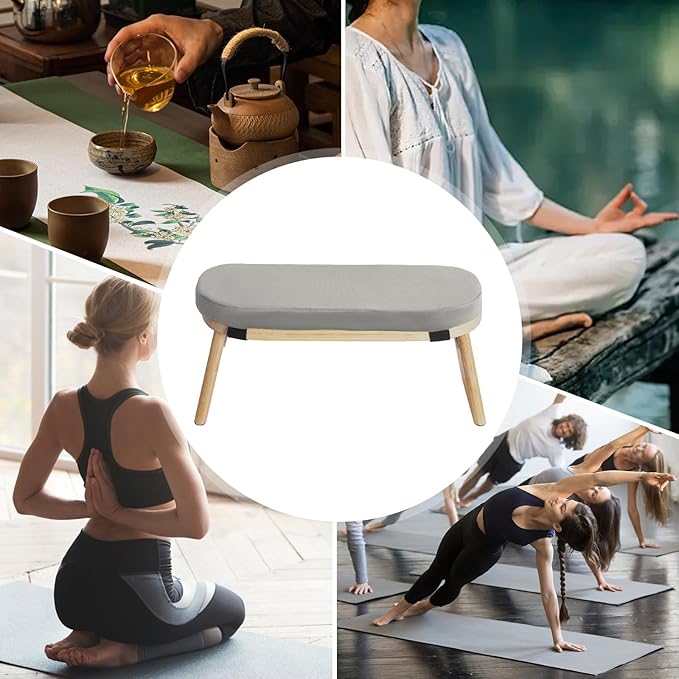 Meditation Bench, Portable Bamboo Meditation Bench Ergonomic Meditation Stool Comfortable Folding Kneeling Meditation Bench with Meditation Cushion for Longer Meditation (Gray)