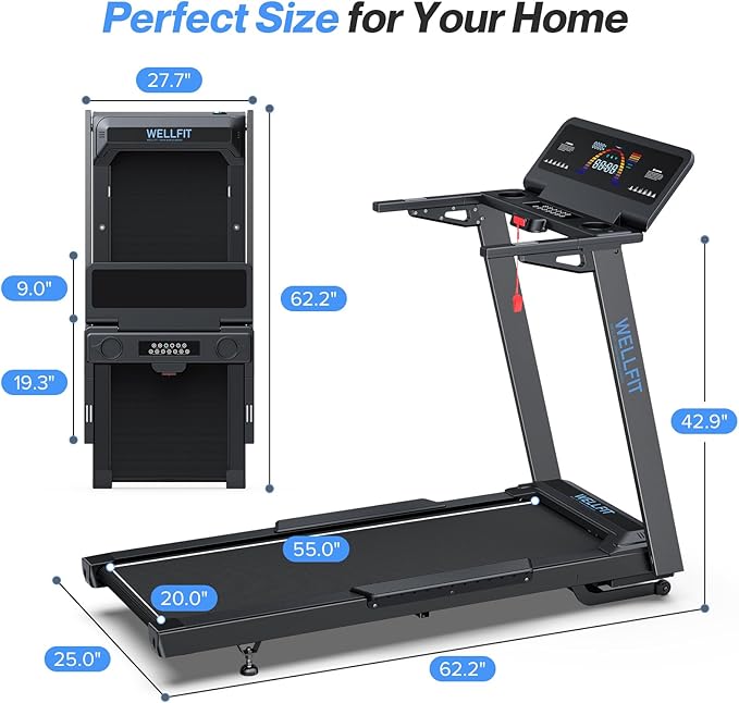 WELLFIT Auto Incline Treadmill, 15% Incline Heavyduty Treadmill with Pulse Sensor, 4.5HP, 10 MPH, 500 lbs Capacity, 20'' x 55'' Running Area Treadmills with Bluetooth Player & LED Display