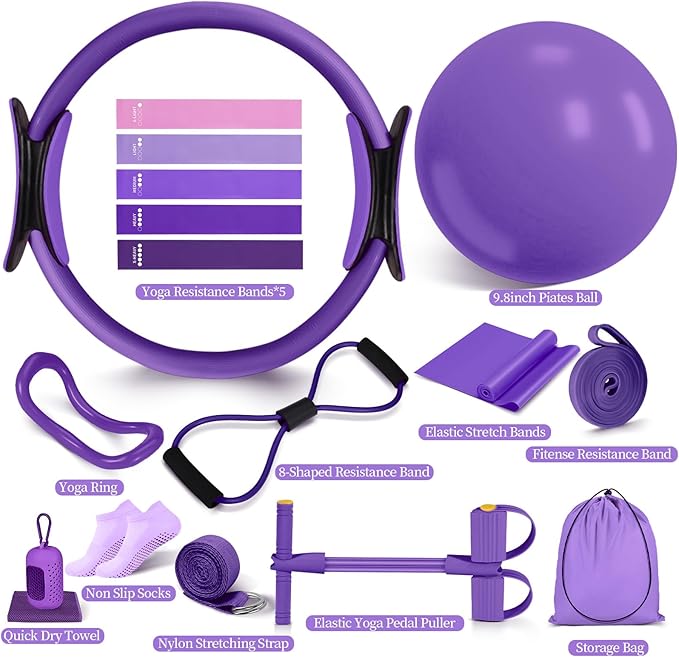 Pilates Essentials Kit for Women 15 Pcs Pilates Equipment for Home Workouts with Yoga Circle Ball Ring, 5 Resistance Bands,Pedal Puller Resistance Band,Anti Slip Socks for Starter Set