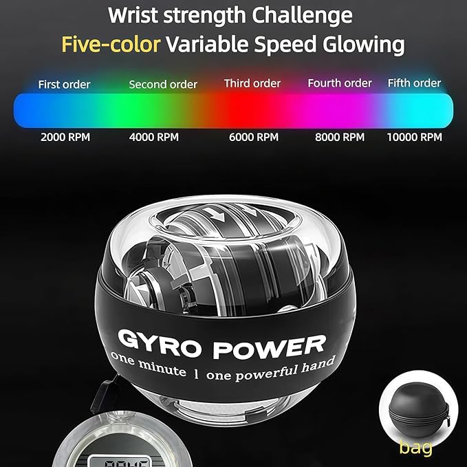 Torqueball Hand Exerciser with Counter, Auto Start Gyro & Torque Ball Hand Trainer Wrist Power Gyro Ball Hand Forearm Strengthener for Strengthen Arms Colorful Lighting Bones and Muscles (Black)