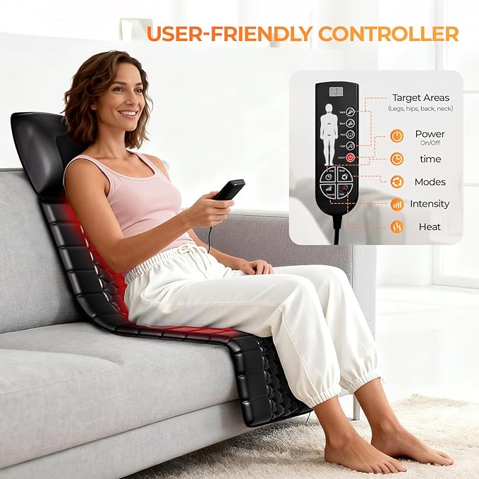 Shiatsu Full Body Massage Mat with Heat, Detachable Massager Pad, 10 Vibrating Motors, 9 Intensity Levels, Deep Tissue Pain Relief for Back, Neck & Legs – Relaxation at Home or Office