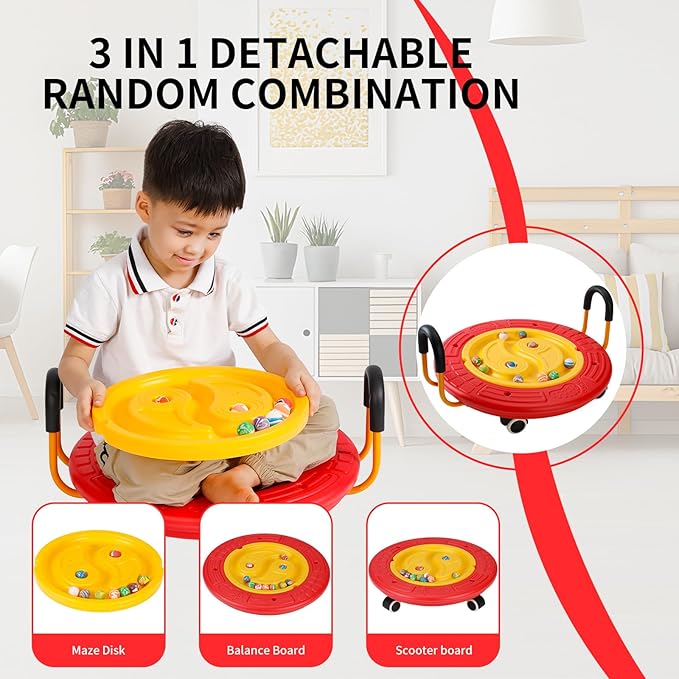 3-In-1 Balance Scooter Board for Kids，Plastic Wobble Balance Board Rocker Maze with Handles, 5 Balls, Toddler Floor Scooter Boards for Sensory Training, Physical Therapy