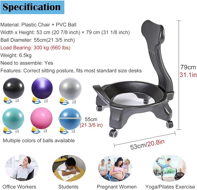Adjustable Active Sitting Exercise Ball Chair, Heavy Duty Balance Ball Posture Chair 400 Lbs Weight Office Desk Chairs - Yoga Pilates Workout, Rolling Ball Chairs with Back