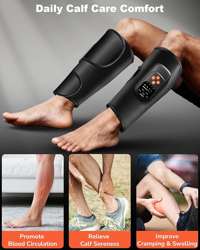 Air Compression Leg Massager with Heat : Sequential Calf Massager with 5 Modes, 5 Intensity & 3 Heat for Circulation and Pain Relief - Rechargeable Calf Compression Device for Fast Recovery