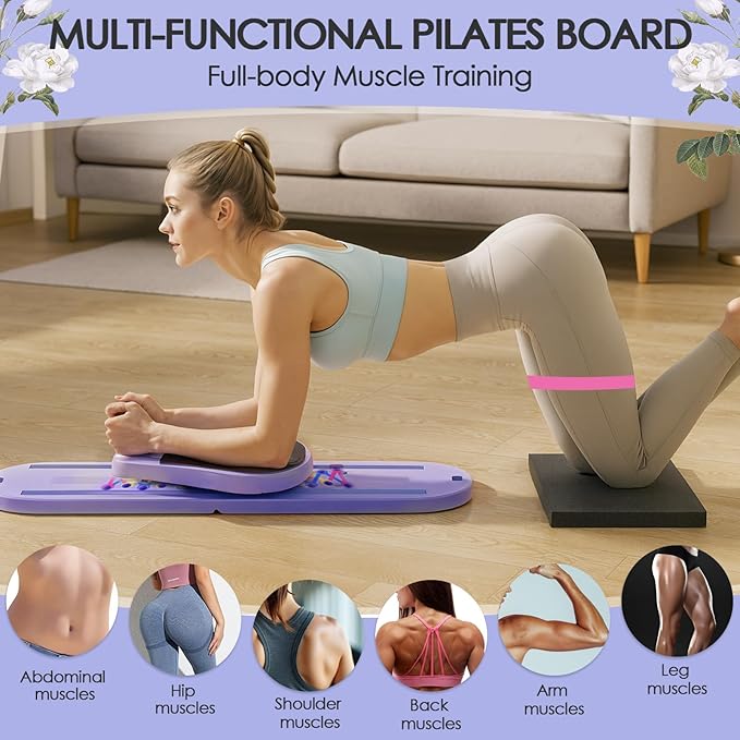 Pilates Board for Home Workout,Foldable Multifunctional Pilates Reformer Set with Timer,Resistance Bands & Storage Bag,Portable Pilates Equipment for Abs,Core & Full-Body Exercise