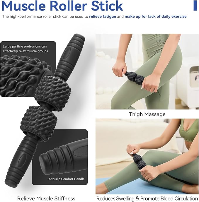 5 in 1 Foam Roller Set - Foam Roller for Legs, Muscle Roller Stick, Massage Ball, Resistance Band for Physical Therapy & Deep Tissue Muscle Massage (Black)