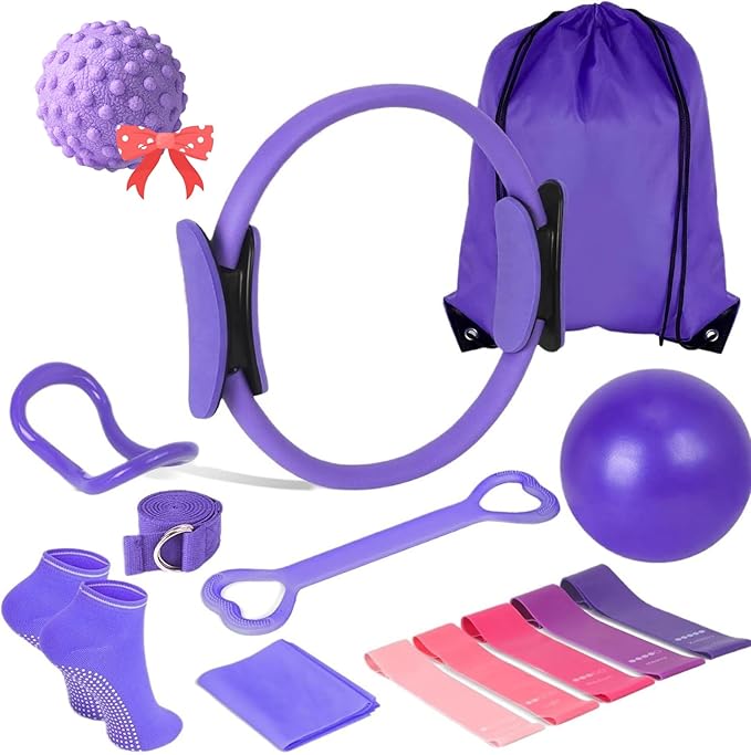 Pilates Essential Kit for Women,13pcs Pilates Equipment for Home Workouts,with Pilates Ring and Ball,5 Resistance Bands and Other Equipment,for Pilates Beginners,Enthusiasts and Professionals
