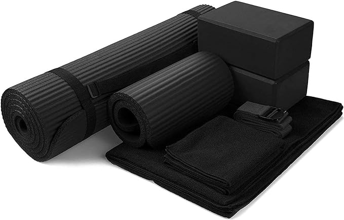 BalanceFrom 7-Piece Yoga Set with 71x24x0.5 Inches Extra Thick Mat and Carrying Sling – Includes 2 Blocks, Stretch Strap, 2 Towels, and Knee Pad for Home, Studio, and Gym Workouts
