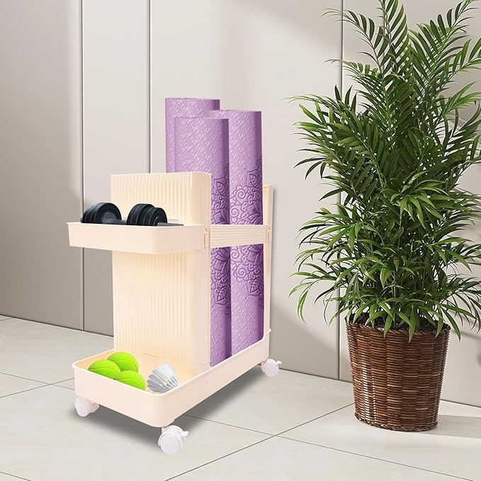 Home Gym Storage,2 Tiers Workout Equipment Organizer with Wheels Workout Equipment Storage Organizer Yoga Mat Storage Racks Home Gym Storage Rack for Yoga Mats, Foam Roller, Dumbbells